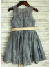 Gray Lace Flower Girl Dress With Champagne Sash